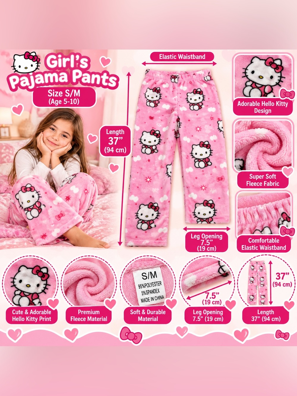 Hello Kitty Girls' Pink Fleece Pajama Pants - S/M